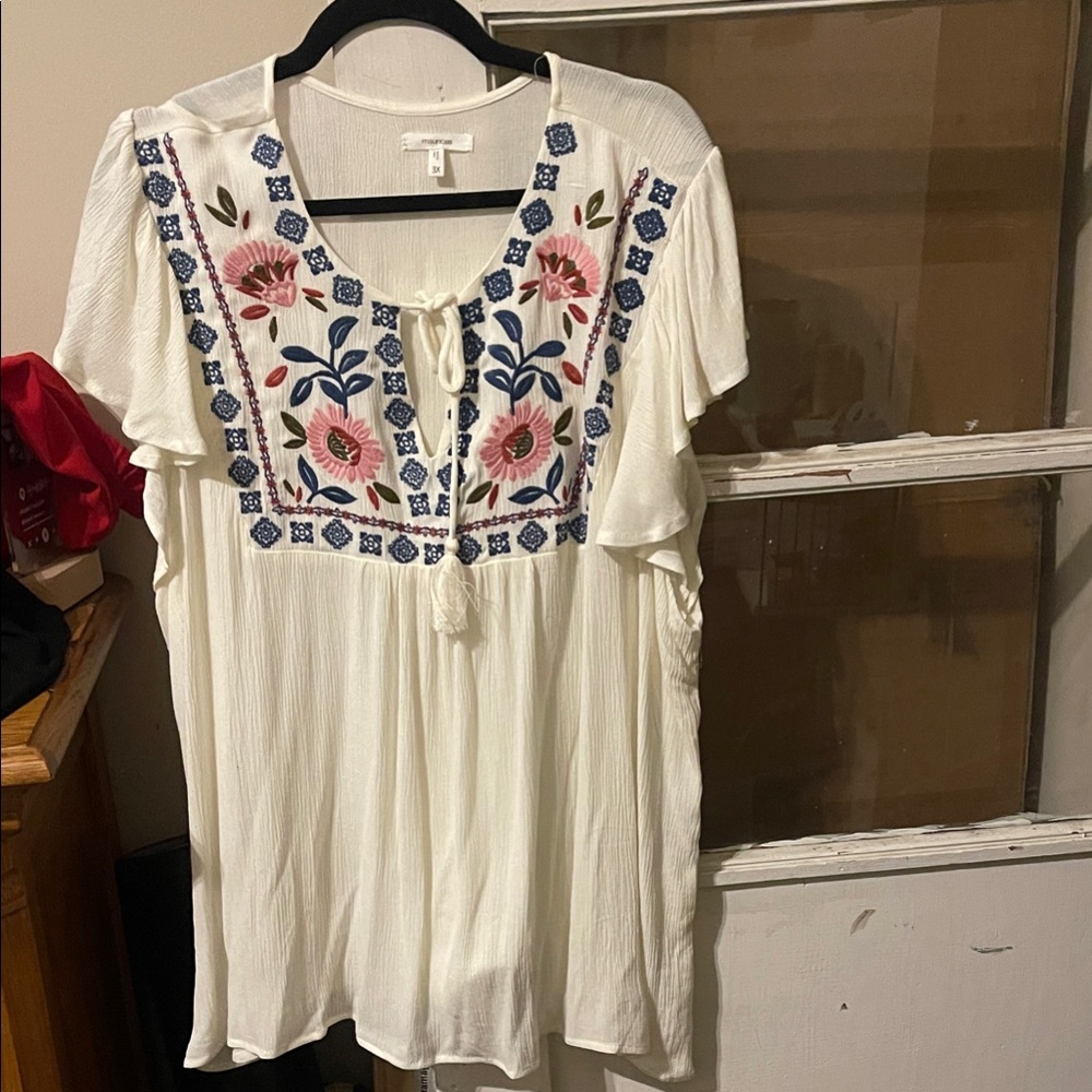 Maurices White Blouse with Pink and Blue Embroidery